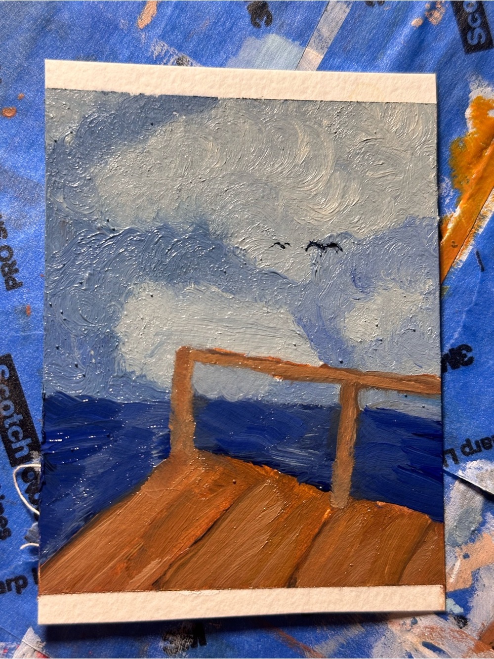 Seaside Pier Oil Painting Wall Art - Blue and Brown